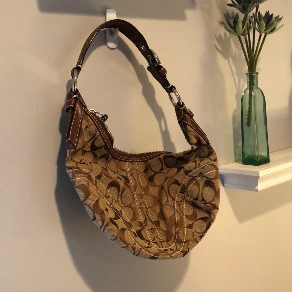 Coach shoulder bag. Tan & brown, small.